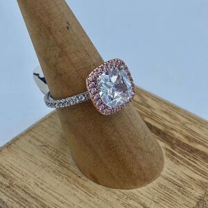 Two Tone Rose Gold Cushion Cut Sterling Silver Ring Size 7